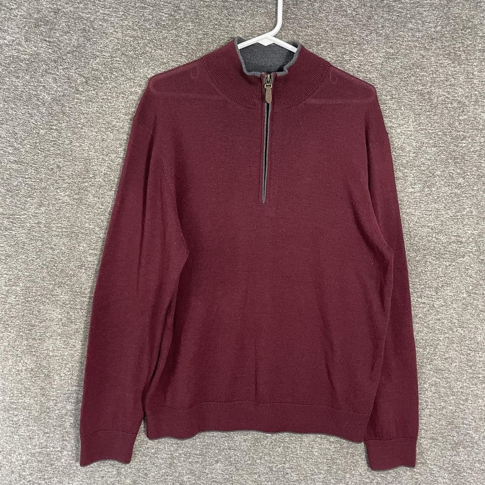 Raffi Sweater Mens Large Red 100% Merino Wool 1/4 Zip Mock Neck Knit Pullover